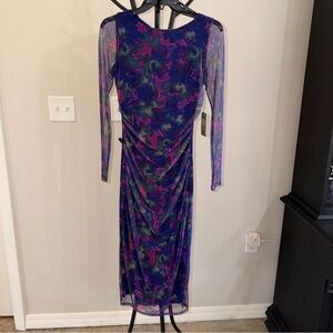 NWT Vince Camuto Mesh Sleeve Floral Midi Dress Purple Blue Ruched Size 4